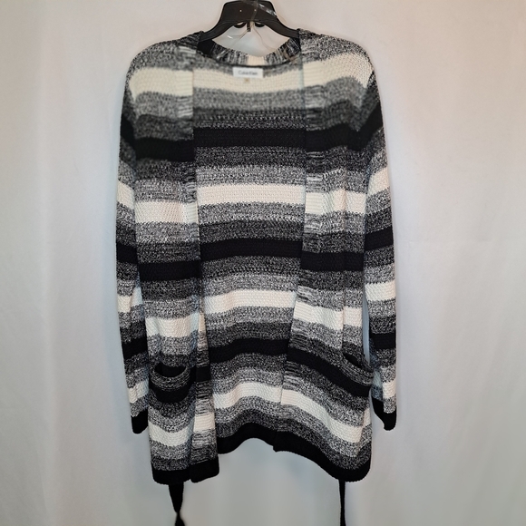 Calvin Klein Monochrome Black Cream Striped Cardigan Womens Size Med #62 - Picture 2 of 8